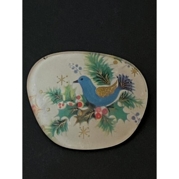 Vintage Holiday Brooch Pin. Blue Bird. Holly Pine. Round - Picture 1 of 4